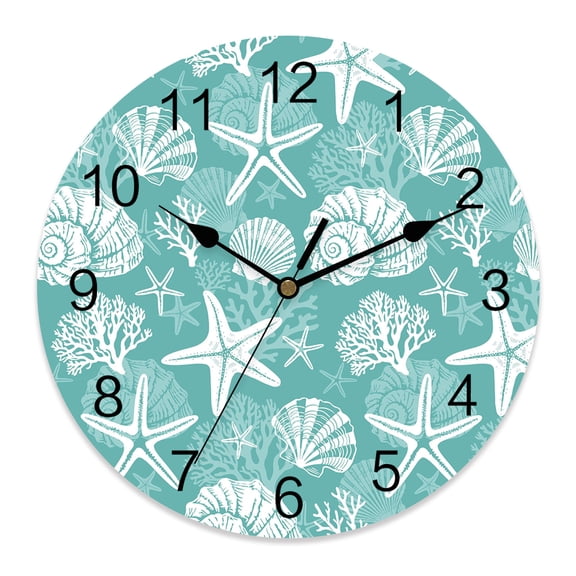 Wall Clock Teal Coastal Marine Life Clocks PVC Silent Non-Ticking Battery Operated Decorative Starfish Shell Conch Round Clock for Home Living Room Kitchen Bedroom Office School Wall Decor 10 Inch