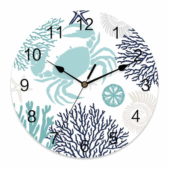 Wall Clock Teal Crab Clocks PVC Silent Non-Ticking Battery Operated Decorative Coral Starfish Shell Round Clock for Home Living Room Kitchen Bedroom Office School Wall Decor 10 Inch