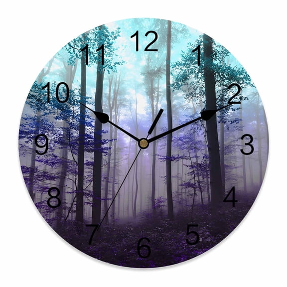 Wall Clock Teal Forest Clocks PVC Silent Non-Ticking Battery Operated Decorative Purple Misty Forest Trees Nature Round Clock for Home Living Room Kitchen Bedroom Office School Wall Decor 14 Inch