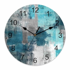 Wall Clock Teal Gray Block Clocks PVC Silent Non-Ticking Battery Operated Decorative Abstract Art Round Clock for Home Living Room Kitchen Bedroom Office School Wall Decor 10 Inch
