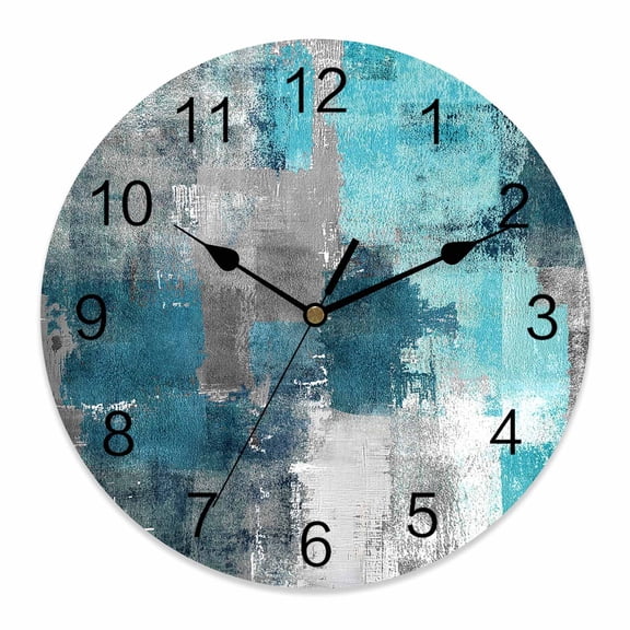 Wall Clock Teal Gray Block Clocks PVC Silent Non-Ticking Battery Operated Decorative Abstract Art Round Clock for Home Living Room Kitchen Bedroom Office School Wall Decor 14 Inch