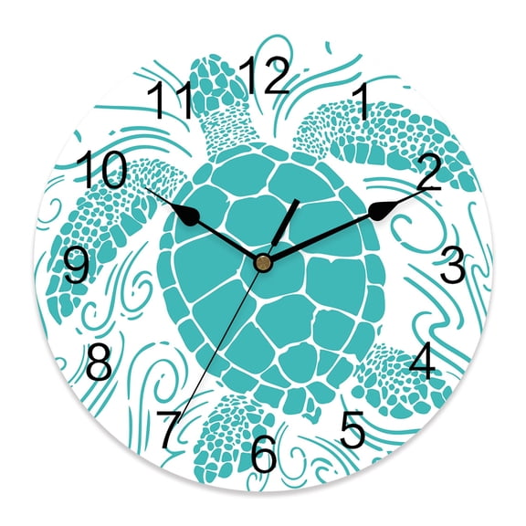 Wall Clock Teal Green Sea Turtle Clocks PVC Silent Non-Ticking Battery Operated Decorative Coastal Marine Life Waves Round Clock for Home Living Room Kitchen Bedroom Office School Wall Decor 10 Inch
