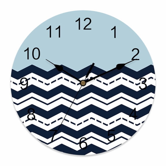 Wall Clock Teal Navy Blue Waves Clocks PVC Silent Non-Ticking Battery Operated Decorative Chevron Stripe Round Clock for Home Living Room Kitchen Bedroom Office School Wall Decor 10 Inch