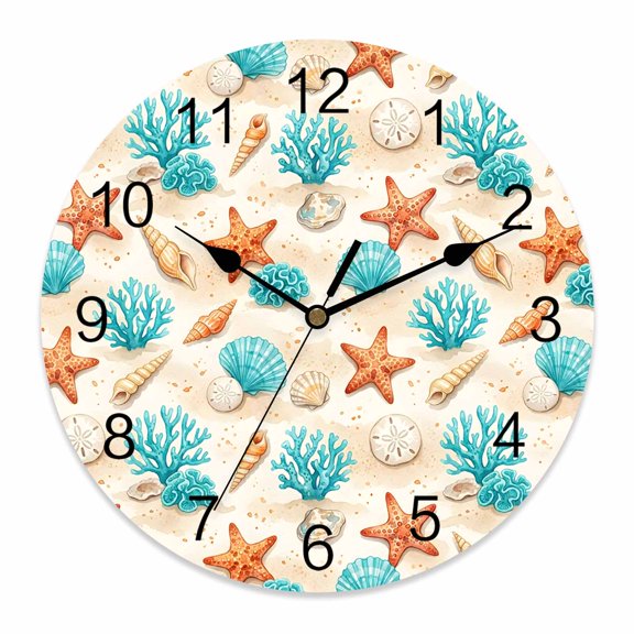 Wall Clock Teal Orange Starfish Clocks PVC Silent Non-Ticking Battery Operated Decorative Coastal Coral Shell Conch Round Clock for Home Living Room Kitchen Bedroom Office School Wall Decor 14 Inch
