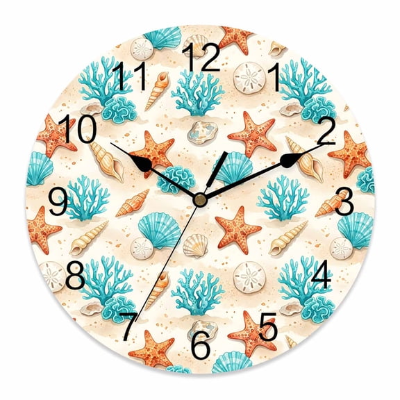 Wall Clock Teal Orange Starfish Clocks PVC Silent Non-Ticking Battery Operated Decorative Coastal Coral Shell Conch Round Clock for Home Living Room Kitchen Bedroom Office School Wall Decor 10 Inch