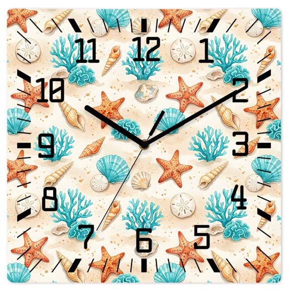 Wall Clock Teal Orange Starfish Operated Square Clocks Wooden Silent Non-Ticking Wallclock 12 Inch Coastal Coral Shell Conch Wood Wall Clock for Living Room Bedroom Office Shool Home Decor
