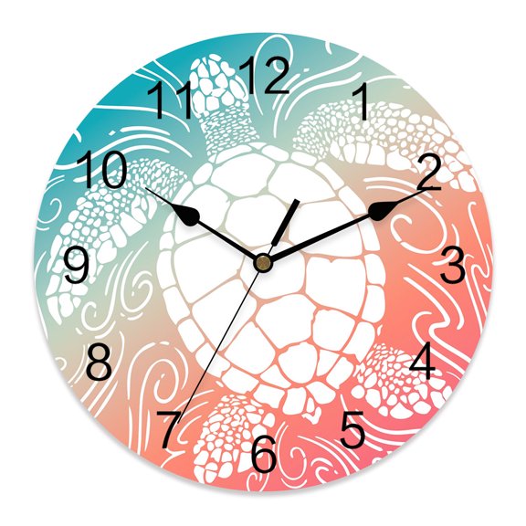 Wall Clock Teal Pink Sea Turtle Clocks PVC Silent Non-Ticking Battery Operated Decorative Coastal Marine Life Waves Round Clock for Home Living Room Kitchen Bedroom Office School Wall Decor 10 Inch