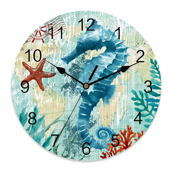 Wall Clock Teal Seahorse Clocks PVC Silent Non-Ticking Battery Operated Decorative Anchor Coral Ocean Marine Life Round Clock for Home Living Room Kitchen Bedroom Office School Wall Decor 10 Inch