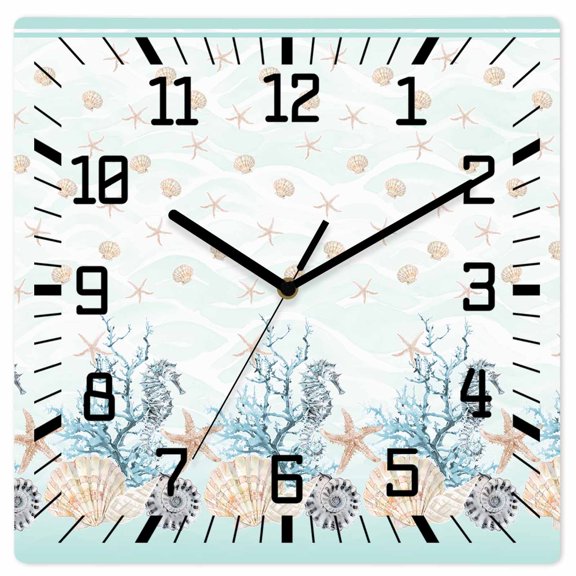 Wall Clock Teal Starfish Operated Square Clocks Wooden Silent Non-Ticking Wallclock 10 Inch Coral Shell Marine Life Wood Wall Clock for Living Room Bedroom Office Shool Home Decor
