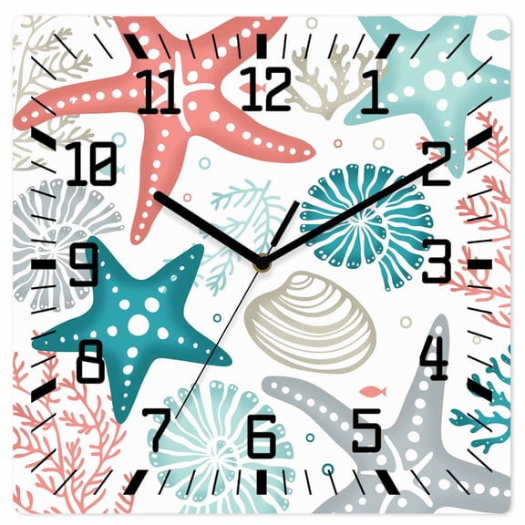 Wall Clock Teal Starfish Operated Square Clocks Wooden Silent Non-Ticking Wallclock 10 Inch Marine Life Ocean Coastal Coral Wood Wall Clock for Living Room Bedroom Office Shool Home Decor