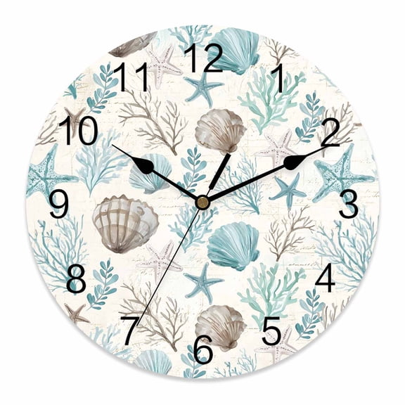 Wall Clock Teal Starfish Shell Clocks PVC Silent Non-Ticking Battery Operated Decorative Coral Ocean Marine Life Round Clock for Home Living Room Kitchen Bedroom Office School Wall Decor 10 Inch