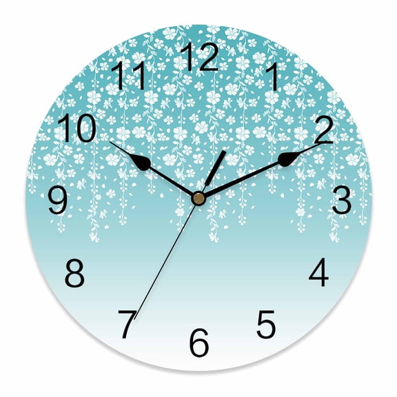 Wall Clock Teal Turquoise Floral Clocks PVC Silent Non-Ticking Battery Operated Decorative Ombre Branch Spring Flowers Round Clock for Home Living Room Kitchen Bedroom Office Wall Decor 10 Inch