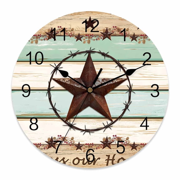 Wall Clock Texas Star Teal Green Clocks PVC Silent Non-Ticking Battery Operated Decorative Farm Wood Grain Round Clock for Home Living Room Kitchen Bedroom Office School Wall Decor 10 Inch