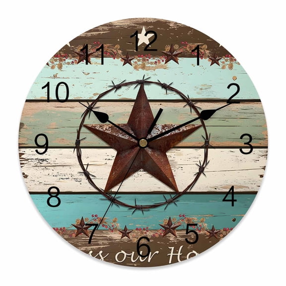 Wall Clock Texas Star Turquoise Clocks PVC Silent Non-Ticking Battery Operated Decorative Farm Wood Grain Round Clock for Home Living Room Kitchen Bedroom Office School Wall Decor 10 Inch