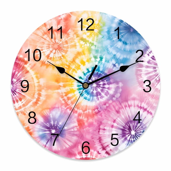 Wall Clock Tie-Dye Art Clocks PVC Silent Non-Ticking Battery Operated Decorative Abstract Boho Dyeing Round Clock for Home Living Room Kitchen Bedroom Office School Wall Decor 10 Inch