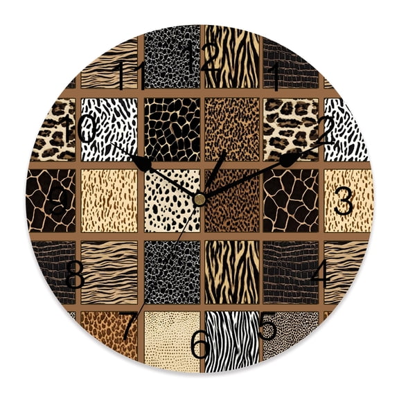 Wall Clock Tiger Leopard Zebra Print Clocks PVC Silent Non-Ticking Battery Operated Decorative Brown Animal Fur Plaid Round Clock for Home Living Room Kitchen Bedroom Office Wall Decor 10 Inch