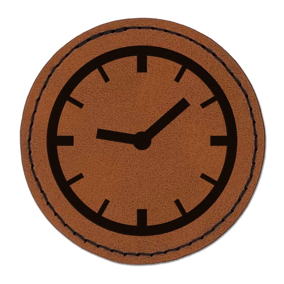 Wall Clock Time 2.5" Faux Leather Round Engraved Iron-On Patch - Brown
