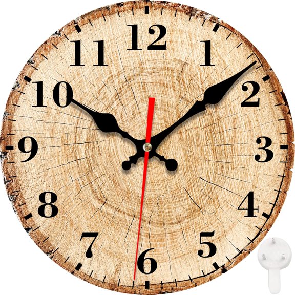 Wall Clock, Tree Annual Rings Silent Non Ticking Battery Operated Round Decorative Indoor Outdoor Clocks for Living Room Kitchen Bedroom Bathroom Patio 12"(Wooden Stump)
