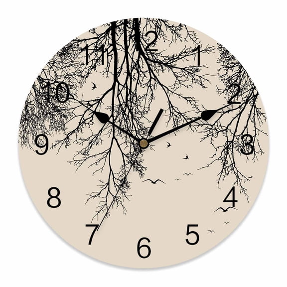 Wall Clock Tree Branches Bird Clocks PVC Silent Non-Ticking Battery Operated Decorative Black Twigs Deadwood Linen Round Clock for Home Living Room Kitchen Bedroom Office School Wall Decor 10 Inch