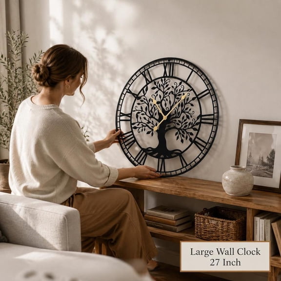 Wall Clock, Tree of Life Metal Design, 27 Inch, Black, Quiet Quartz Movement, Wall Mounted Decor