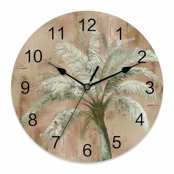Wall Clock Tropical Palm Tree Clocks PVC Silent Non-Ticking Battery Operated Brown Graffiti Coastal Island Round Clock for Home Living Room Kitchen Bedroom Office School Wall Decor 10 Inch