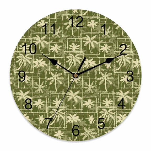 Wall Clock Tropical Palm Tree Clocks PVC Silent Non-Ticking Battery Operated Decorative Sage Green Plaid Leaf Round Clock for Home Living Room Kitchen Bedroom Office School Wall Decor 10 Inch