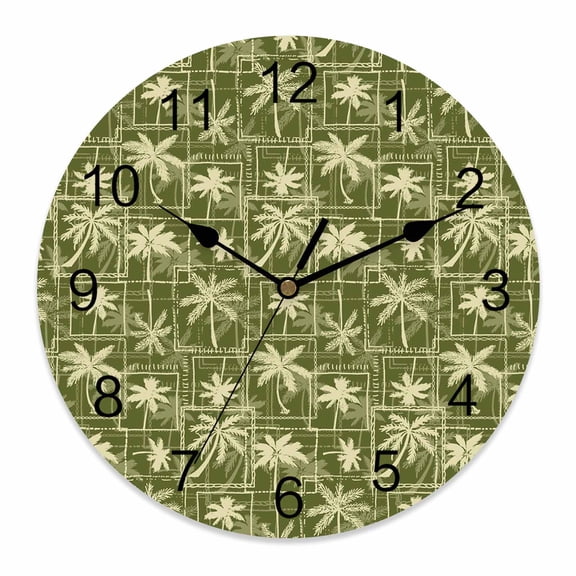 Wall Clock Tropical Palm Tree Clocks PVC Silent Non-Ticking Battery Operated Decorative Sage Green Plaid Leaf Round Clock for Home Living Room Kitchen Bedroom Office School Wall Decor 12 Inch