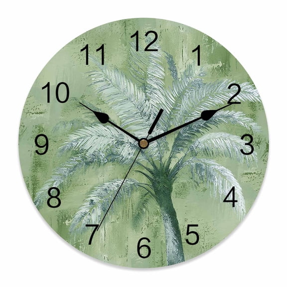 Wall Clock Tropical Palm Tree Clocks PVC Silent Non-Ticking Battery Operated Green Graffiti Coastal Island Round Clock for Home Living Room Kitchen Bedroom Office School Wall Decor 10 Inch