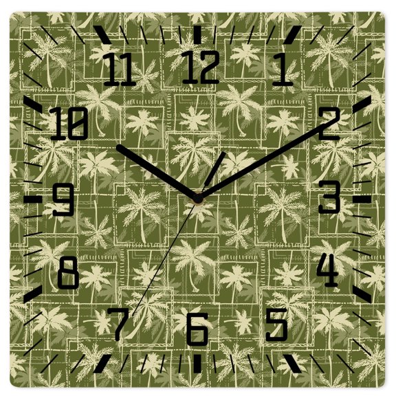 Wall Clock Tropical Palm Tree Operated Square Clocks Wooden Silent Non-Ticking Wallclock 12 Inch Sage Green Plaid Leaf Wood Wall Clock for Living Room Bedroom Office Shool Home Decor