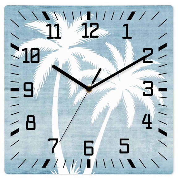 Wall Clock Tropical Palm Tree Operated Square Clocks Wooden Silent Non-Ticking Wallclock 12 Inch Summer Coastal Haze Blue Sky Wood Wall Clock for Living Room Bedroom Office Shool Home Decor