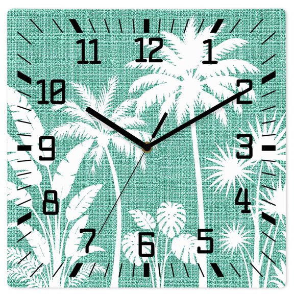 Wall Clock Tropical Palm Tree Operated Square Clocks Wooden Silent Non-Ticking Wallclock 12 Inch Summer Coastal Teal Linen Wood Wall Clock for Living Room Bedroom Office Shool Home Decor