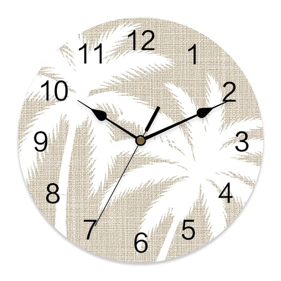Wall Clock Tropical Palm Trees Clocks PVC Silent Non-Ticking Battery Operated Decorative Beige Linen Grain Round Clock for Home Living Room Kitchen Bedroom Office School Wall Decor 10 Inch