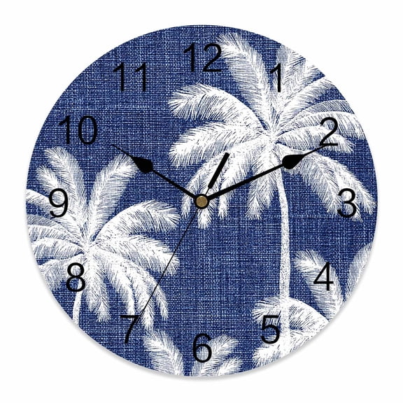 Wall Clock Tropical Palm Trees Clocks PVC Silent Non-Ticking Battery Operated Decorative Indigo Linen Coastal Round Clock for Home Living Room Kitchen Bedroom Office School Wall Decor 12 Inch
