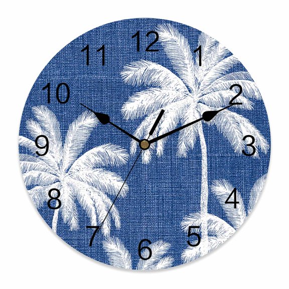 Wall Clock Tropical Palm Trees Clocks PVC Silent Non-Ticking Battery Operated Decorative Navy Blue Linen Coastal Round Clock for Home Living Room Kitchen Bedroom Office School Wall Decor 10 Inch