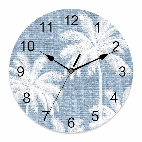 Wall Clock Tropical Palm Trees Clocks PVC Silent Non-Ticking Battery Operated Decorative Sky Blue Linen Coastal Round Clock for Home Living Room Kitchen Bedroom Office School Wall Decor 10 Inch
