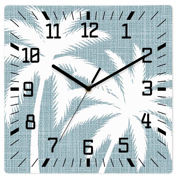 Wall Clock Tropical Palm Trees Operated Square Clocks Wooden Silent Non-Ticking Wallclock 10 Inch Haze Blue Linen Grain Wood Wall Clock for Living Room Bedroom Office Shool Home Decor
