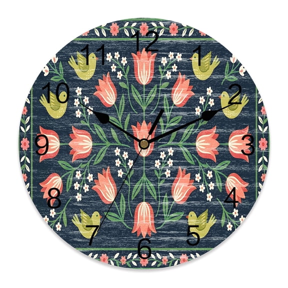 Wall Clock Tulip Daisy Floral Clocks PVC Silent Non-Ticking Battery Operated Decorative Navy Blue Bird Flower Frame Round Clock for Home Living Room Kitchen Bedroom Office School Wall Decor 10 Inch