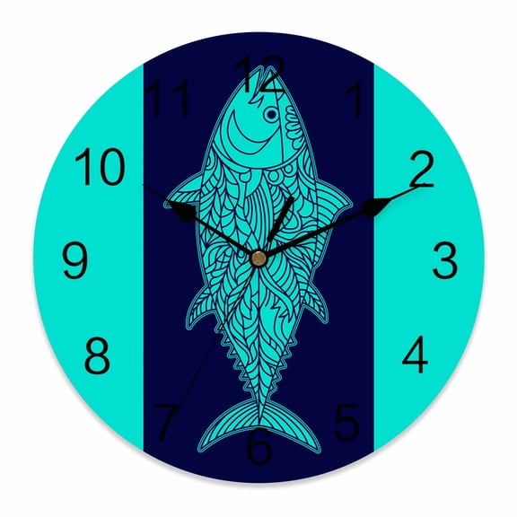 Wall Clock Tuna Fish Clocks PVC Silent Non-Ticking Battery Operated Decorative Turquoise Navy Blue Stripes Lines Round Clock for Home Living Room Kitchen Bedroom Office School Wall Decor 10 Inch