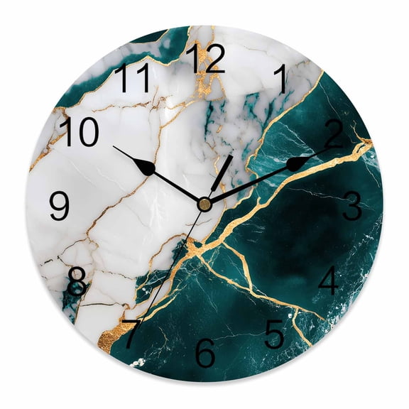Wall Clock Turquoise Abstract Marble Clocks PVC Silent Non-Ticking Battery Operated Decorative Gold White Modern Round Clock for Home Living Room Kitchen Bedroom Office School Wall Decor 10 Inch