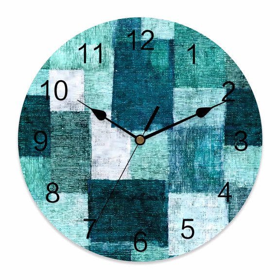 Wall Clock Turquoise Blocks Clocks PVC Silent Non-Ticking Battery Operated Decorative Modern Abstract Patchwork Round Clock for Home Living Room Kitchen Bedroom Office School Wall Decor 10 Inch