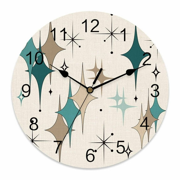 Wall Clock Turquoise Brown Diamond Clocks PVC Silent Non-Ticking Battery Operated Decorative Modern Geometric Mid Century Linen Round Clock for Home Living Room Kitchen Bedroom Wall Decor 10 Inch