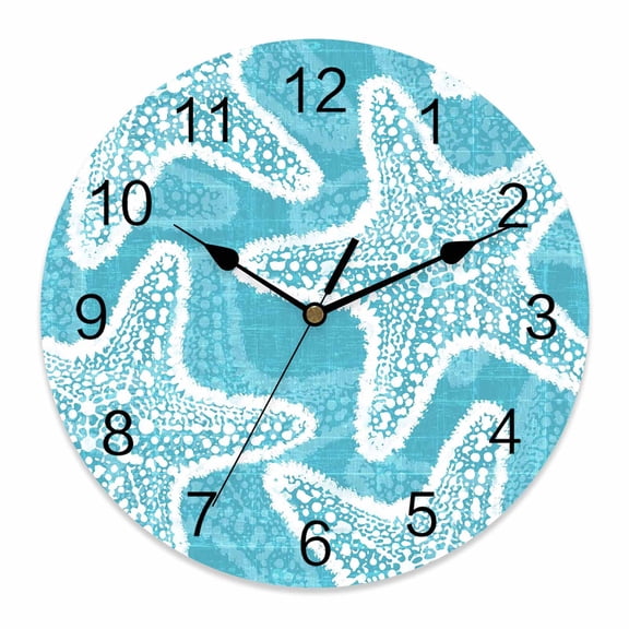 Wall Clock Turquoise Coastal Starfish Clocks PVC Silent Non-Ticking Battery Operated Decorative Ocean Marine Life Round Clock for Home Living Room Kitchen Bedroom Office School Wall Decor 12 Inch