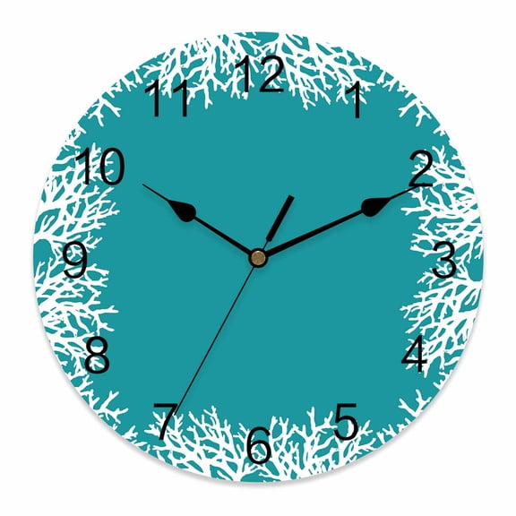 Wall Clock Turquoise Coral Clocks PVC Silent Non-Ticking Battery Operated Decorative Coastal Marine Life Round Clock for Home Living Room Kitchen Bedroom Office School Wall Decor 10 Inch