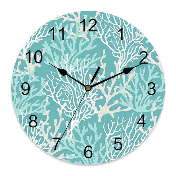 Wall Clock Turquoise Coral Clocks PVC Silent Non-Ticking Battery Operated Decorative Nautical Coastal Marine Life Round Clock for Home Living Room Kitchen Bedroom Office School Wall Decor 10 Inch