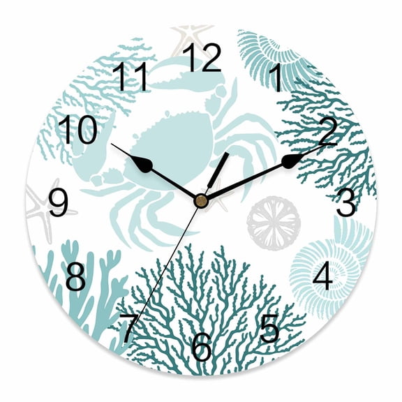Wall Clock Turquoise Crab Clocks PVC Silent Non-Ticking Battery Operated Decorative Coral Starfish Shell Round Clock for Home Living Room Kitchen Bedroom Office School Wall Decor 10 Inch