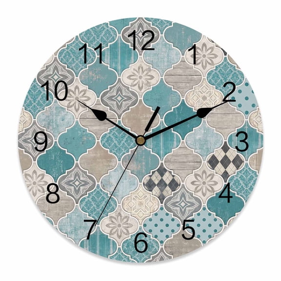 Wall Clock Turquoise Mosaic Texture Clocks PVC Silent Non-Ticking Battery Operated Decorative Floral Damask Plaid Round Clock for Home Living Room Kitchen Bedroom Office School Wall Decor 10 Inch