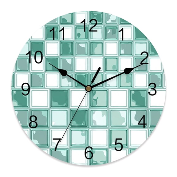 Wall Clock Turquoise Mosaic Tiles Clocks PVC Silent Non-Ticking Battery Operated Decorative Checkerboard Squares Round Clock for Home Living Room Kitchen Bedroom Office School Wall Decor 10 Inch