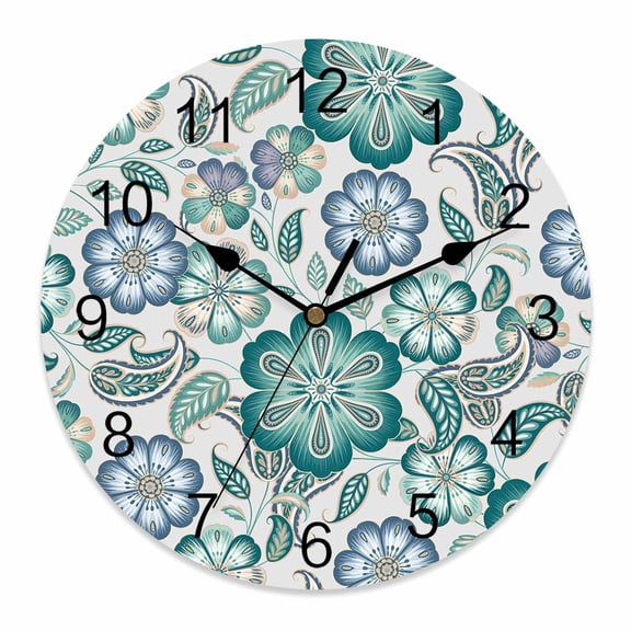 Wall Clock Turquoise Paisley Floral Clocks PVC Silent Non-Ticking Battery Operated Decorative Boho Vintage Flowers Round Clock for Home Living Room Kitchen Bedroom Office School Wall Decor 14 Inch