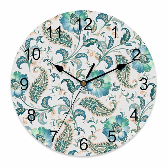 Wall Clock Turquoise Paisley Flower Clocks PVC Silent Non-Ticking Battery Operated Decorative Abstract Bohemian Floral Round Clock for Home Living Room Kitchen Bedroom Office Wall Decor 10 Inch