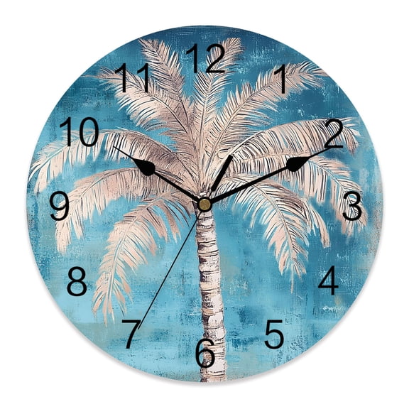 Wall Clock Turquoise Palm Tree Clocks PVC Silent Non-Ticking Battery Operated Decorative Summer Tropical Jungle Round Clock for Home Living Room Kitchen Bedroom Office School Wall Decor 10 Inch